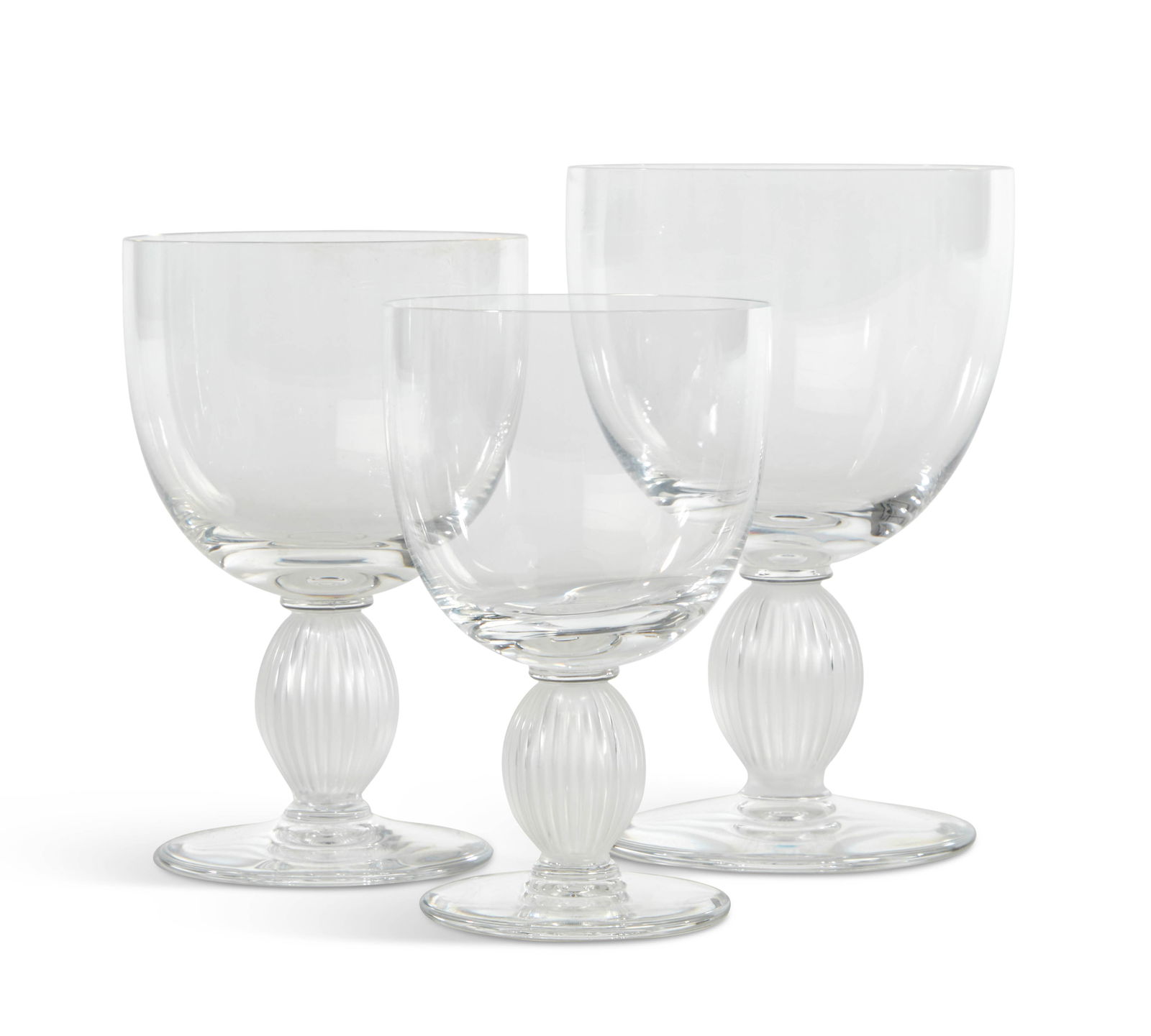 A suite of Lalique glass stemware: A suite of Lalique clear and frosted glass stemware in the Langeais patternfourth quarter 20th centuryComprising seventeen 5 3/4in water goblets; eight 5 1/8in Burgundy wine glasses and seventeen 4 3/