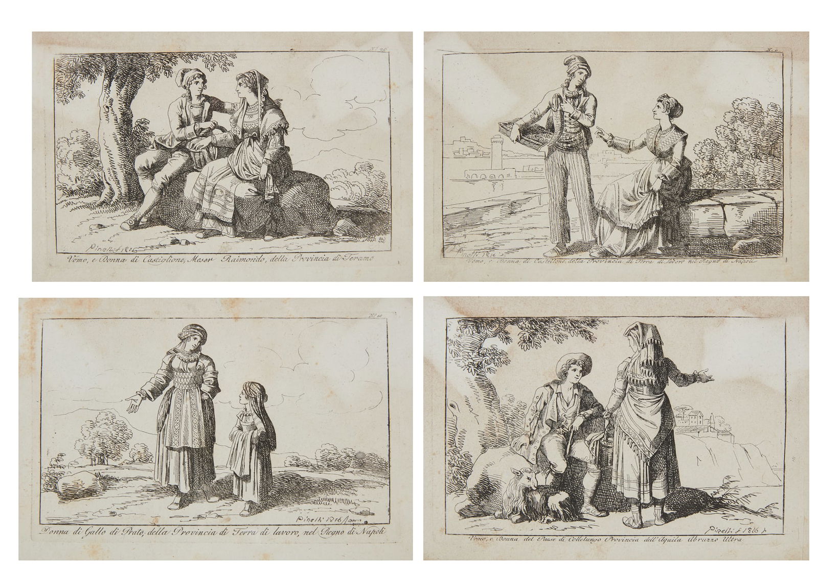 After Bartolomeo Pinelli, Four Italian costumes: After Bartolomeo Pinelli(Italian, 1771-1835)Four Italian picturesque costumesengravings on laid papersigned and dated in plates Pinelli 1816 5 x 7in (13 x 18cm)