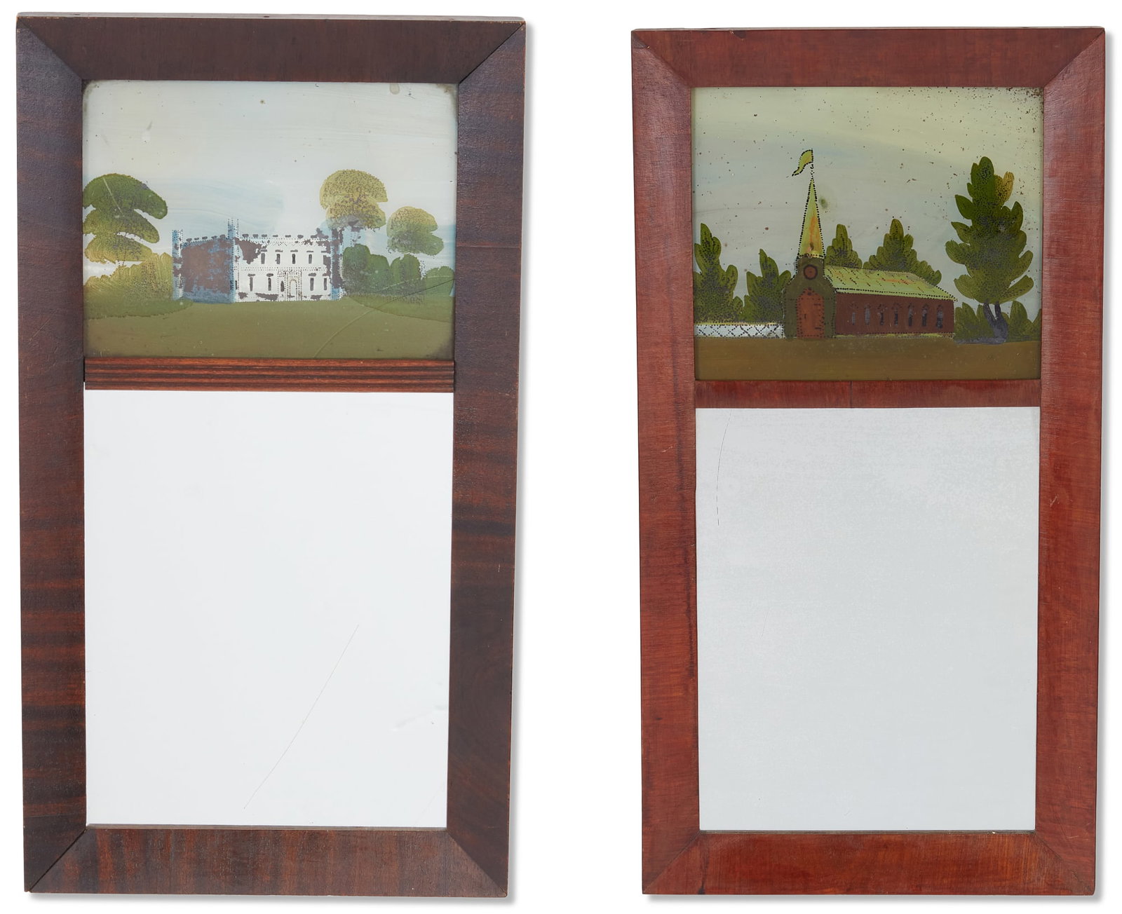 Two Classical mahogany and églomisé mirrors: Two similar Classical mahogany and églomisé mirrors mid 19th century larger height 20 x 10 1/2in (51 x 26.5cm)