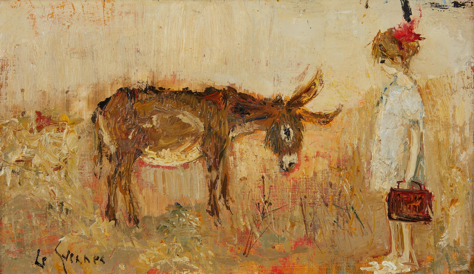 Jean Le Guennec, Little girl with a donkey: Jean Le Guennec (French, 1924-1988) Little girl with a donkey oil on canvas signed lower left: Le Guennec, and titled on stretcher 7 1/2 x 13in (19.1 x 33cm)