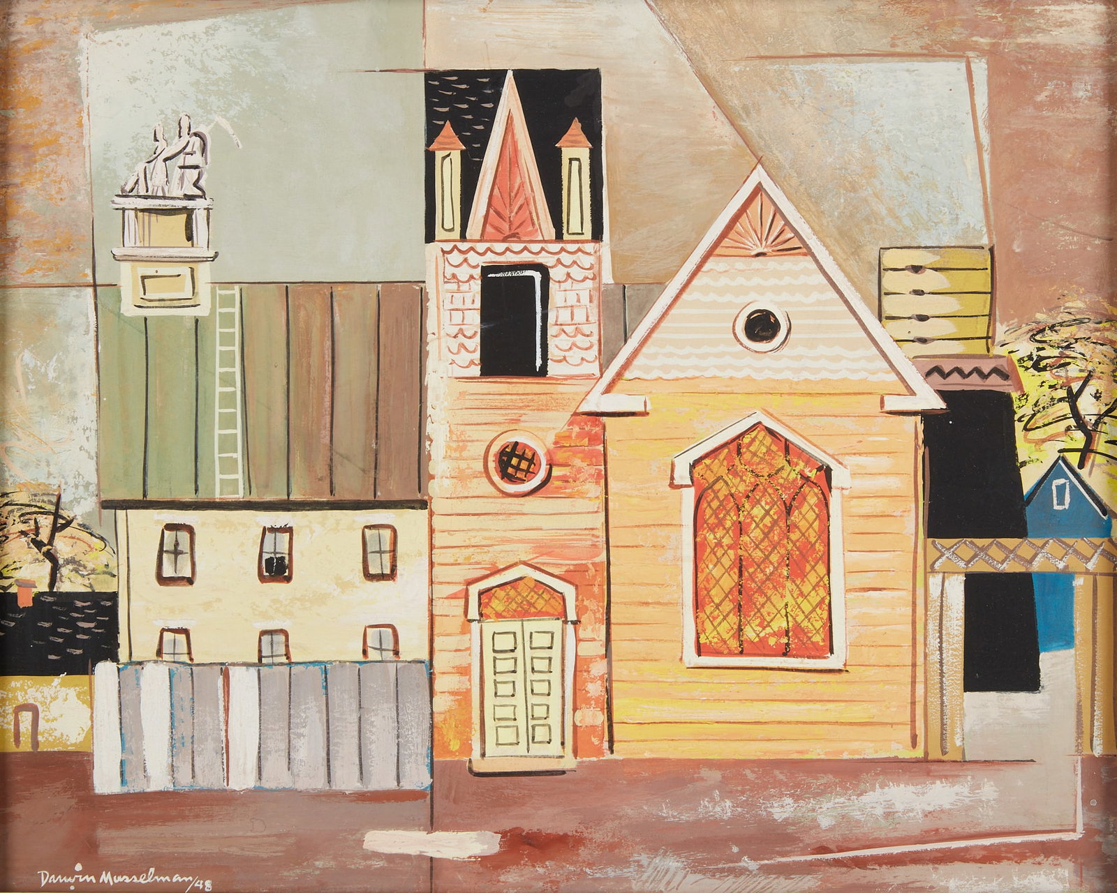 Darwin Musselman, Cityscape, 1948: Darwin Musselman (American, 1916-2001) Cityscape, 1948 oil on masonite signed Darwin Musselman lower left and dated 12 x 14 1/2in (30.5 x 37cm)