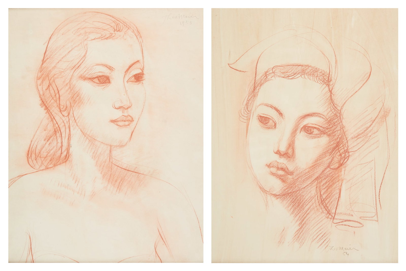 Theo Meier, Portrait of a woman, 1953 & 1954 (2): Theo Meier (Swiss, 1908-1982) Portrait of a woman, 1953 & 1954 (2) sanguine on paper one signed Theo Meier and dated upper right, other signed Theo Meier and dated lower right larger 21 1/2 x 16