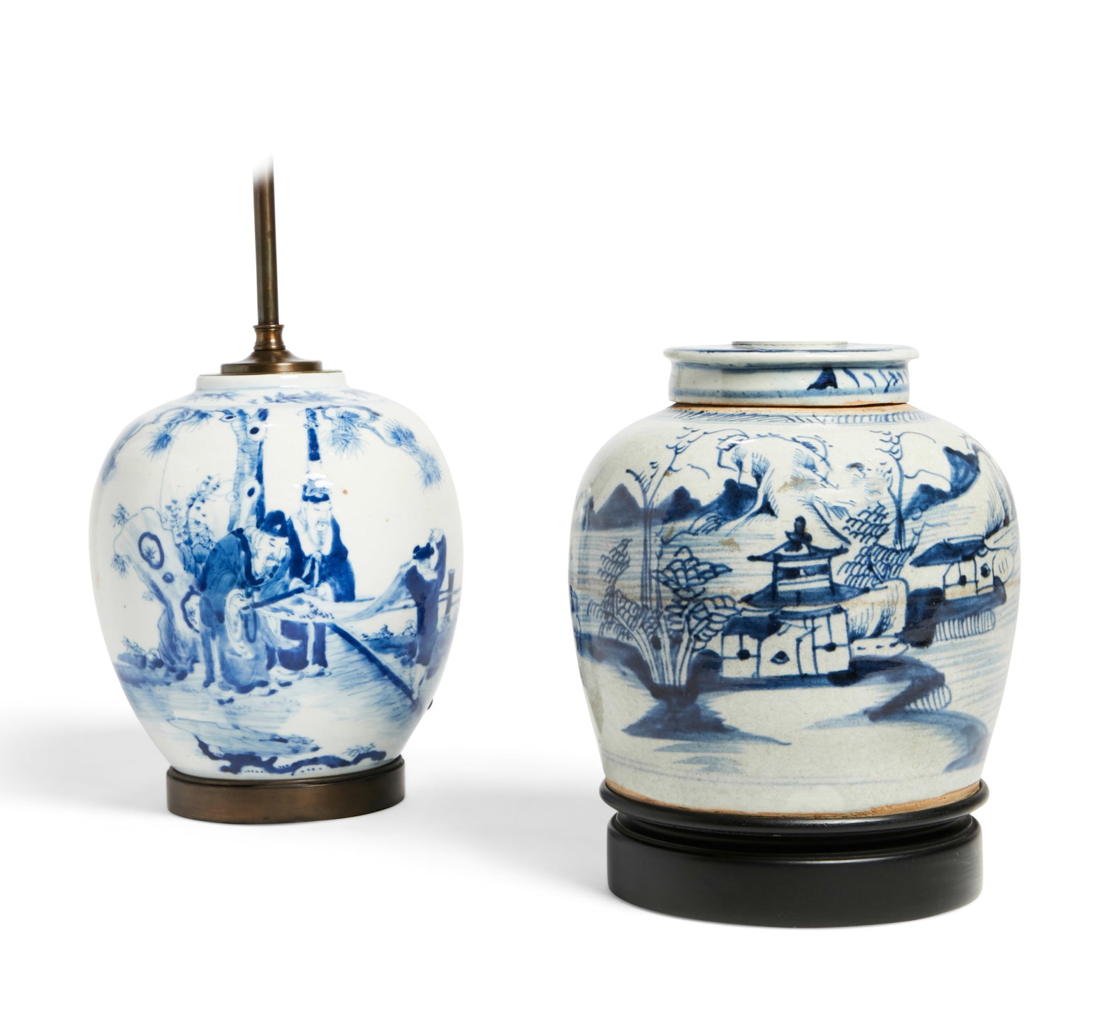 Two Chinese blue and white porcelain jars: Two Chinese blue and white porcelain jars now mounted as lamps larger height to base of fitment 10 1/2in (27cm); diameter 7 1/2in (19cm)