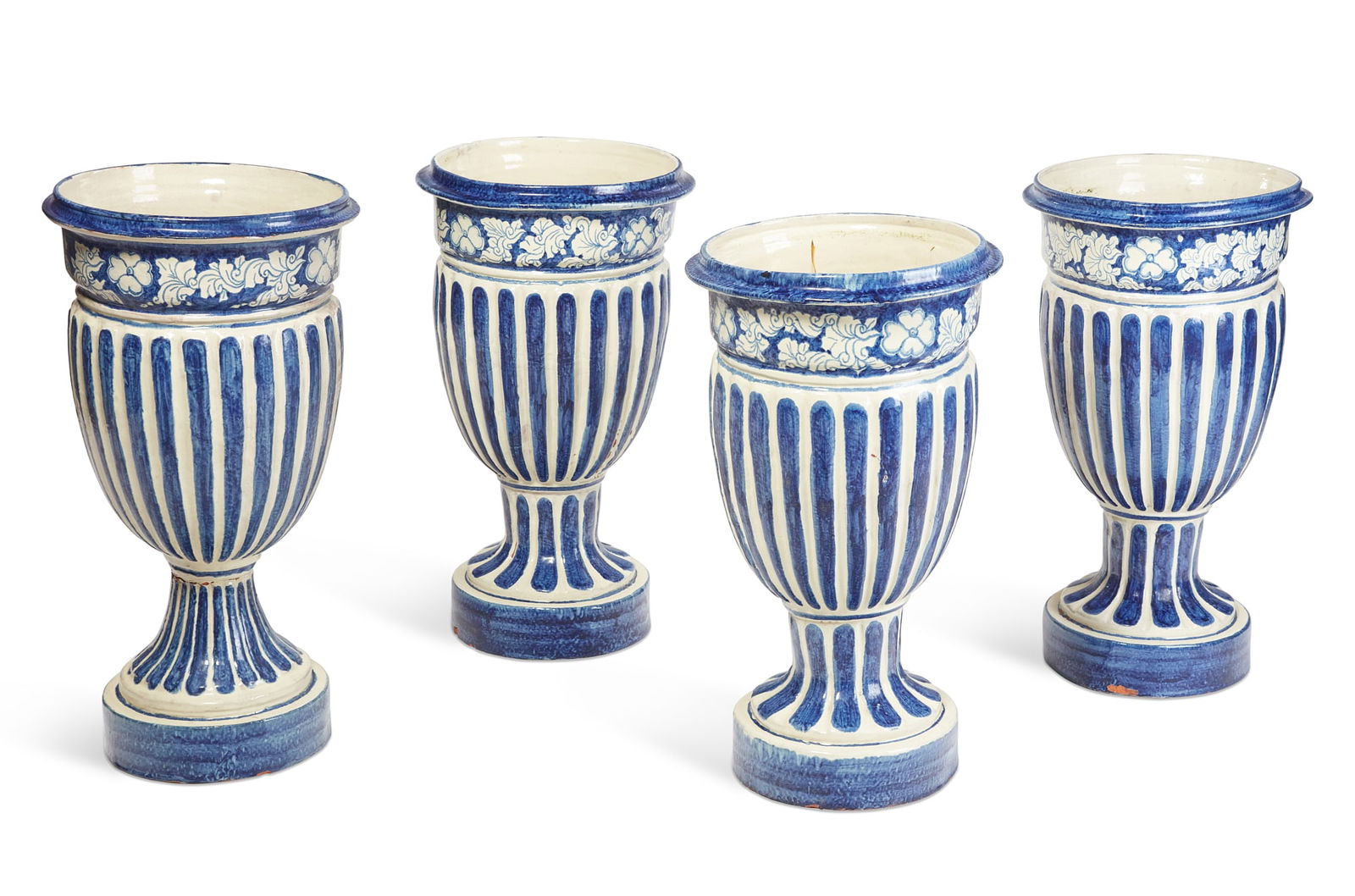 Four blue and white glazed ceramic garden urns (1 of 6)