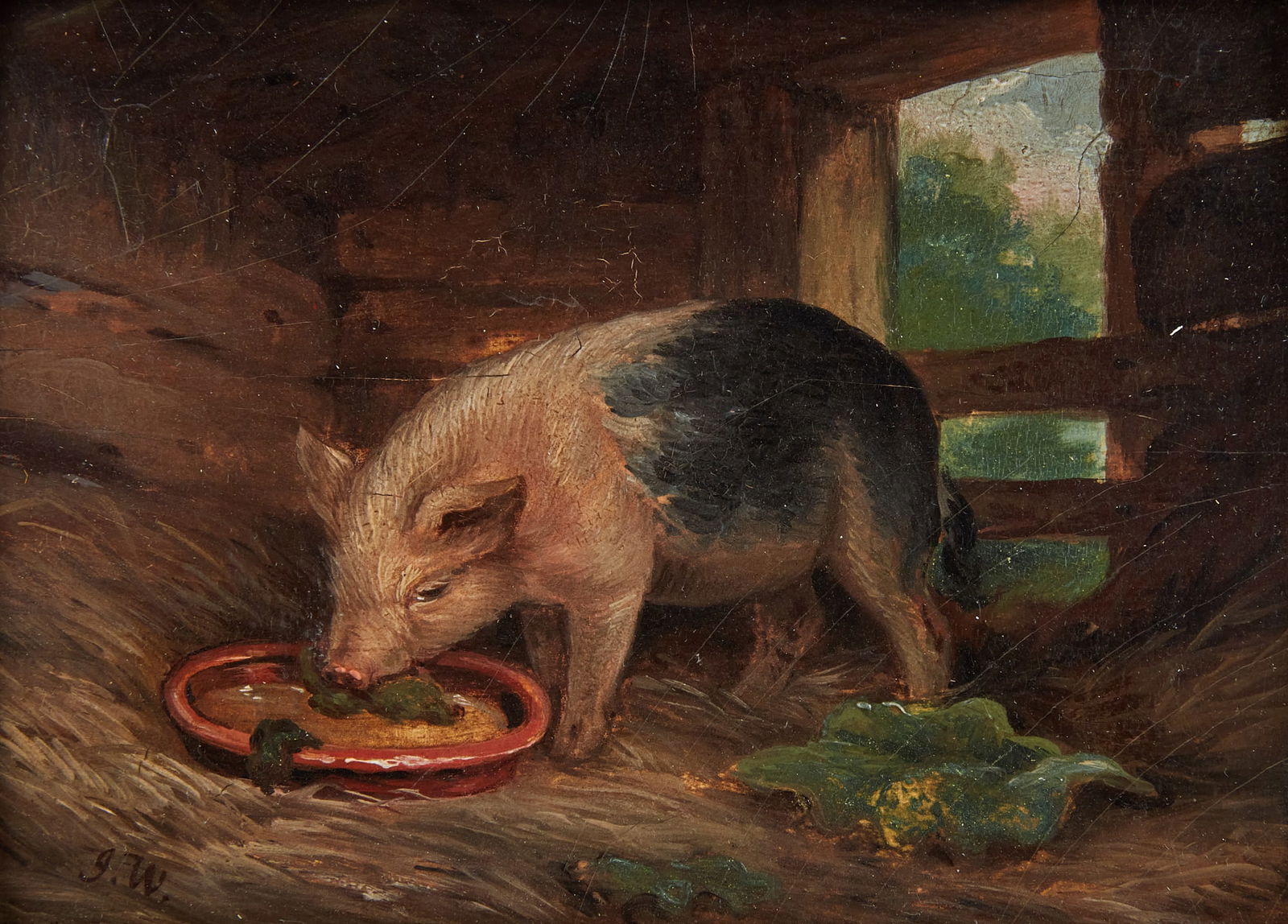 Circle of James Ward, Feeding a hog: Circle of James Ward(British, 1769 - 1859)Feeding a hogoil on panelsigned with initials lower left: J.W.4 1/2 x 6 1/2in (11 x 16cm) Provenance:Property from the Estate of Gr