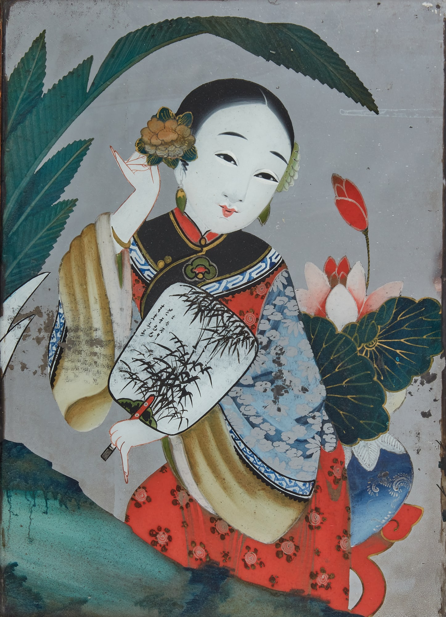 A Chinese reverse painting of a young beauty: A Chinese reverse painting of a young beauty 16 1/2 x 12in (42 x 30.5cm) Provenance: Purchased from The Peking Arts & Crafts, San Francisco, California, May 1984. Property from the Estate of Gregory W