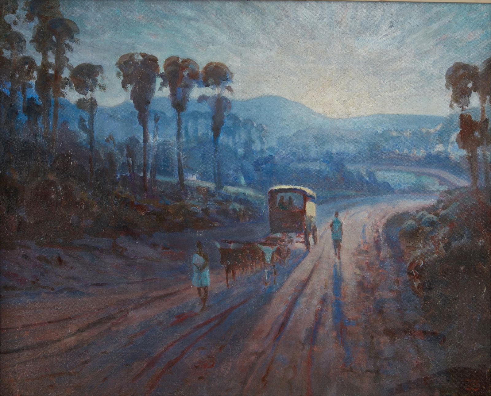 English School, figures and an ox drawn cart (1 of 4)