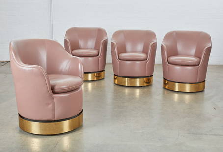 Four Phillip Enfield leather swivel armchairs: A set of four Phillip Enfield mauve leather upholstered swivel armchairspost 1950On brass bases and casters.height 33in (82.5cm); width 28 1/4in (70.5cm); depth of seat 20in (50cm)