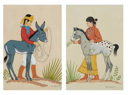 Harrison Begay, A pair of Navajo figures: Harrison (Haskay Yahne Yah) Begay(American, 1914 - 2012)A pair of Navajo figures with animalsserigraphboth signed lower rightH. BEGAY6 1/2 x 4 1/2in (16.5 x 11.5cm)