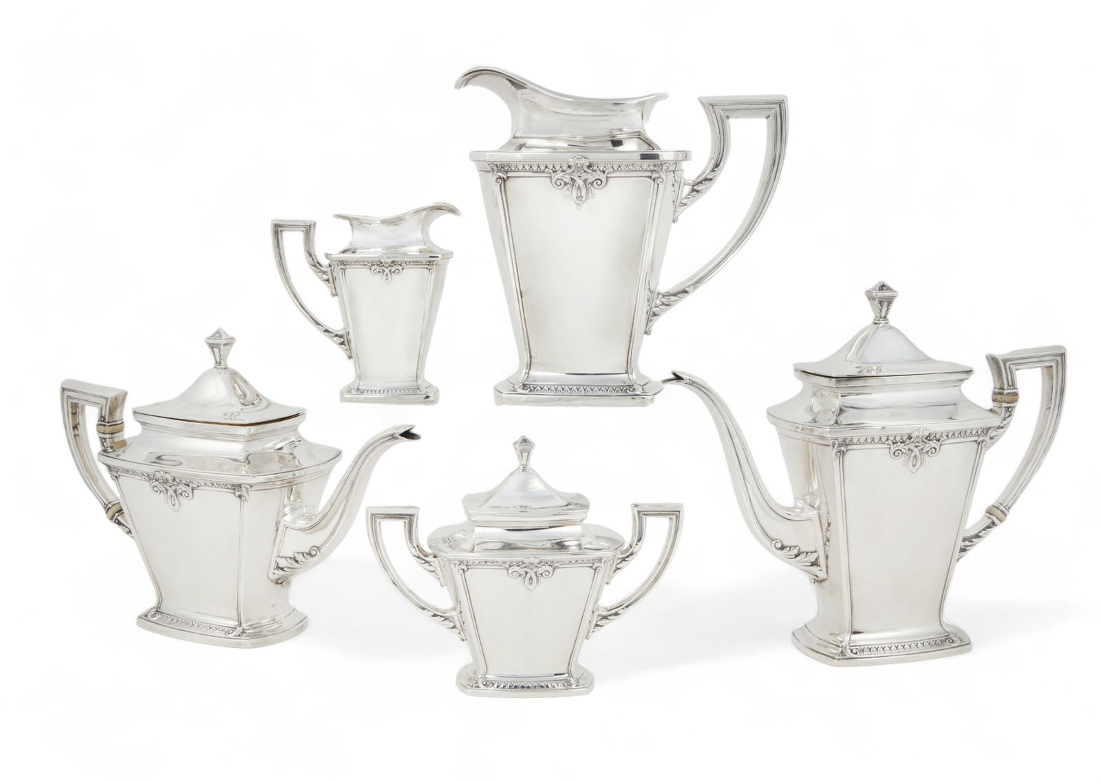 A five piece International Silver Co. sterling silver Trianon tea and coffee service, 20th century (1 of 6)