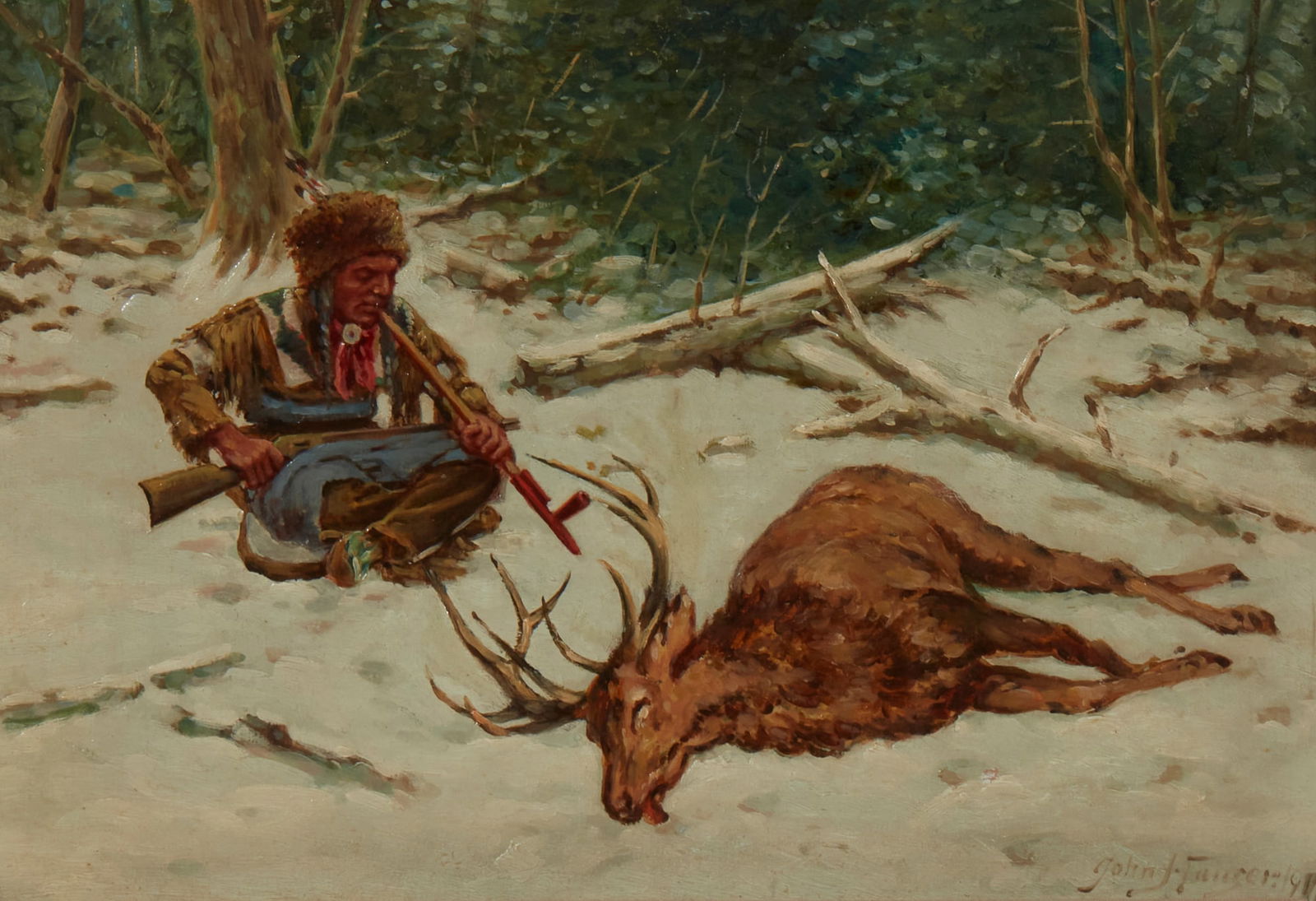 John Hauser (American, 1859-1913), Native American deer hunter, 1911, oil on board, 9 x 13in (23 x (1 of 4)