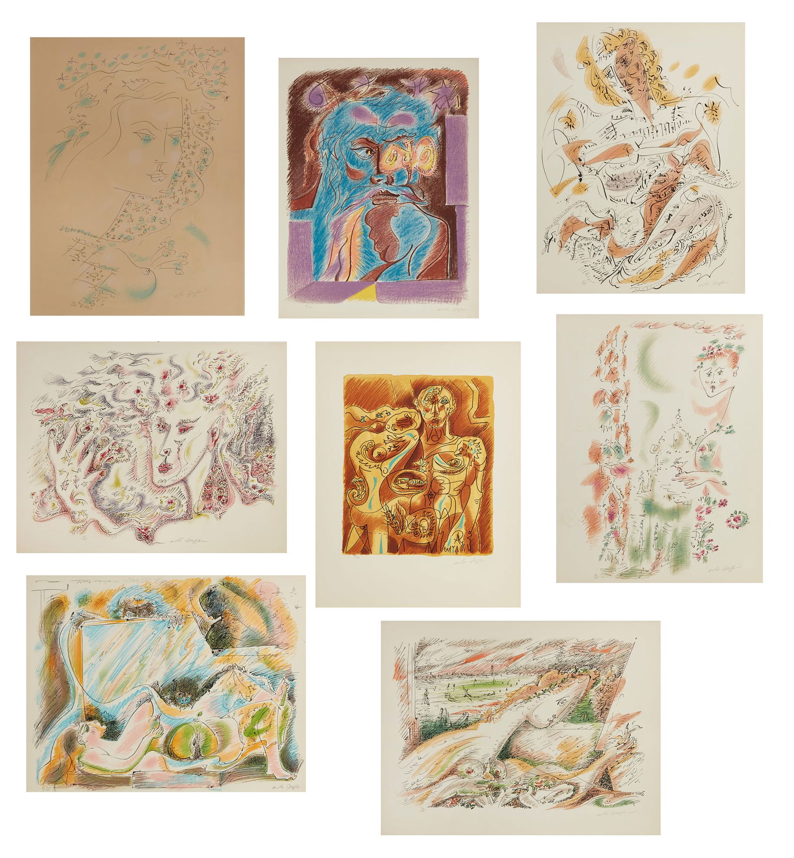 Andre Masson (French, 1886-1987), Je R?ve (I dream), lithographs in colors on Arches wove paper, 26: Andre Masson(French, 1886-1987)Je R?ve (I dream)lithographs in colors on Arches wove paperPortfolio with complete text and 8 of 10 color lithographs, 1975; one of 125 numbered copies on Arches with fu