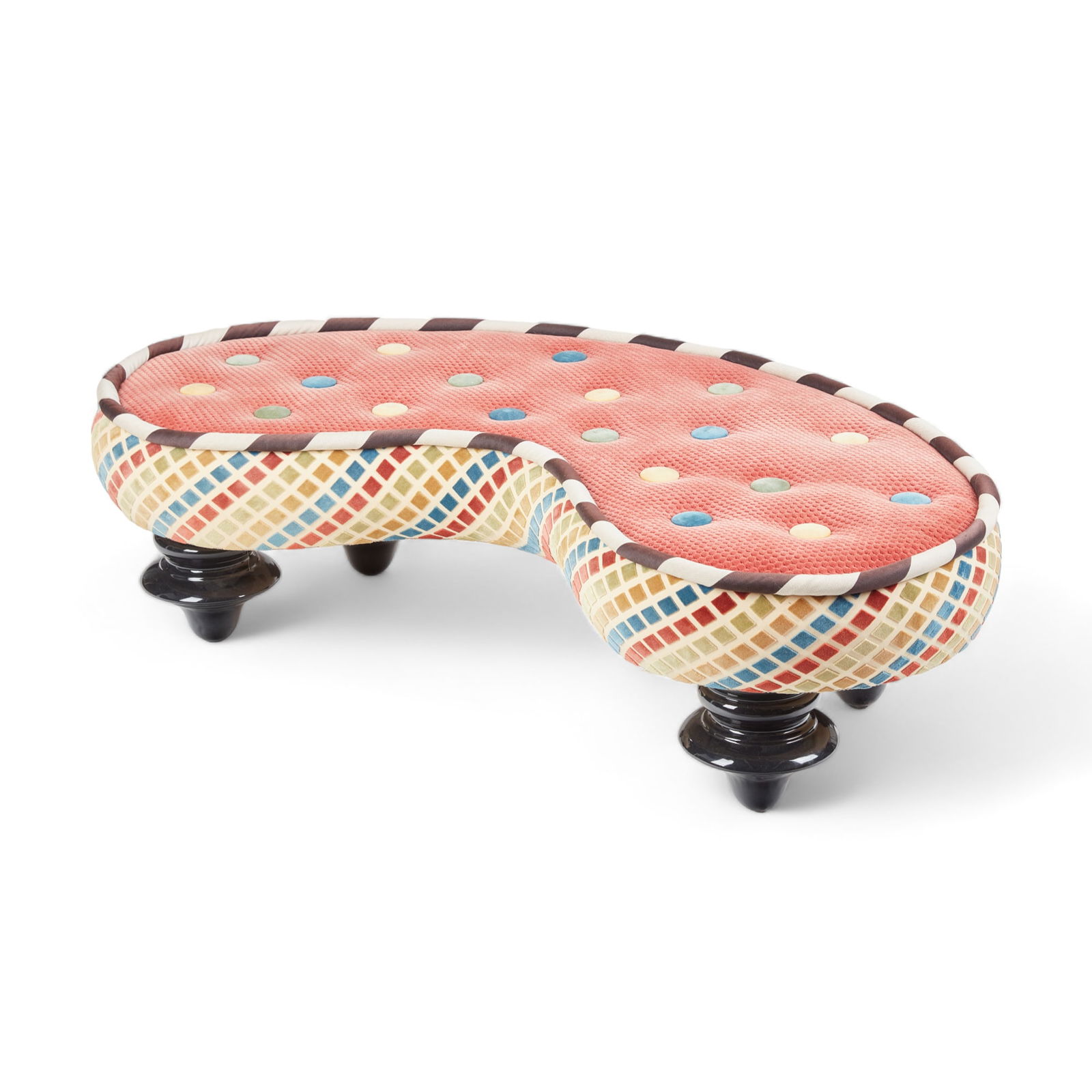 A Mackenzie Childs multicolored upholstered ebonized kidney form bench, modern (1 of 7)