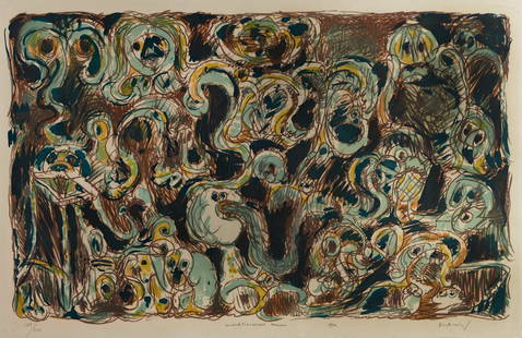 Pierre Alechinsky (Belgian/French, b. 1927), L'inconditionnellement humain, 1970 (The: Pierre Alechinsky(Belgian/French, b. 1927)L'inconditionnellement humain, 1970 (The unconditionally human)lithograph in colors on beige Archessigned in pencil across lower margins, numbered 281/300, ti