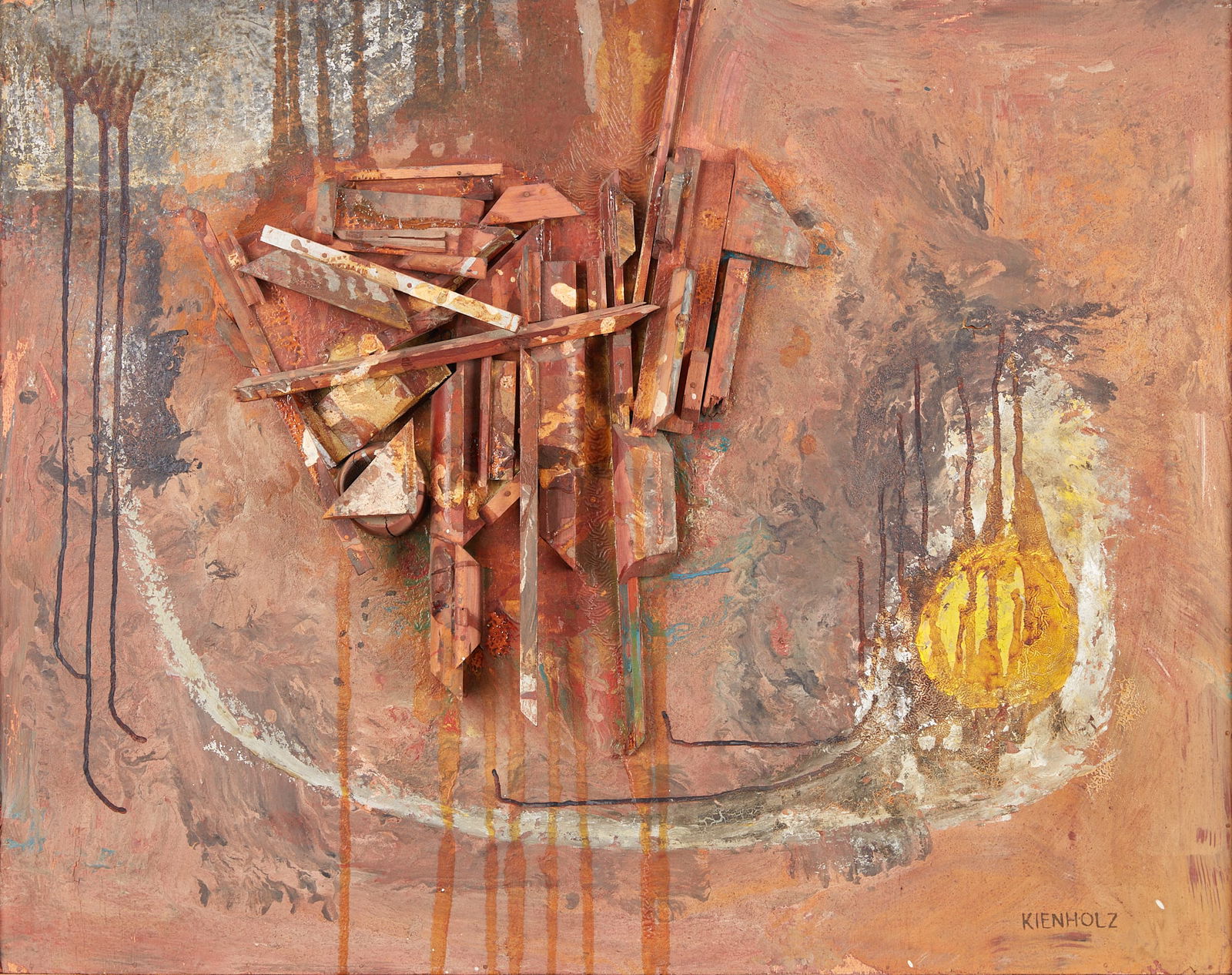 Edward Kienholz (American, 1927?1994), Assemblage, circa 1956, mixed media wood assemblage in: Edward Kienholz(American, 1927?1994)Assemblage, circa 1956mixed media wood assemblage in artist's framesigned lower right KEINHOLZ28 x 35 1/2in (71 x 90cm) Footnote:An Ameri