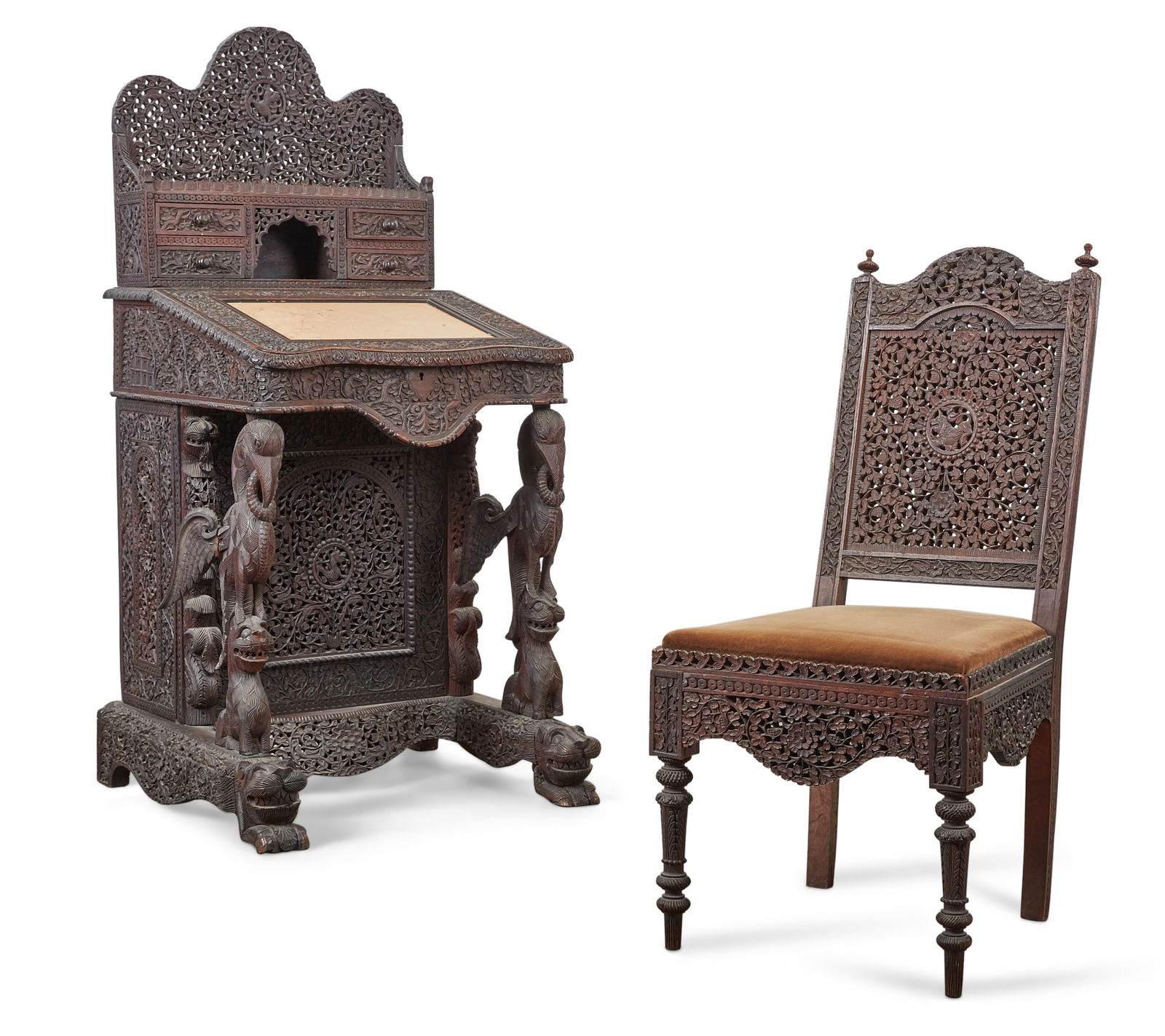 An Anglo Indian carved blackwood Davenport desk and side chair, probably Mumbai, late 19th century (1 of 20)