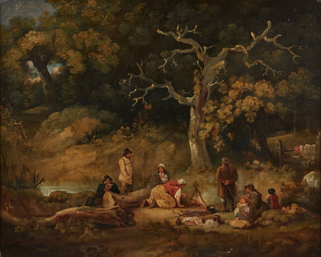 Attributed to George Morland (British, 1763-1804), Figures in wooded landscape, oil on canvas, 17 x (1 of 6)