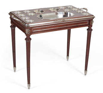 A Louis XVI style silver fitted, silverplate mounted mahogany cocktail table, Robert Linzeler,: A Louis XVI style silver fitted, silverplate mounted mahogany cocktail tableRobert Linzeler, Paris1897-1900The lift off tray with silver fittings centrally engraved with cipher monogram.height 28 1/2i