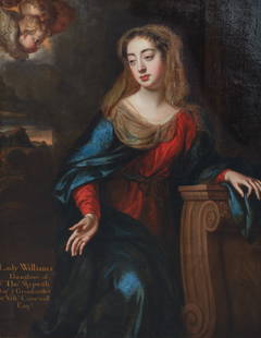 Attributed to Willem Wissing (Dutch, 1653-1687), Portrait of Lady Williams, oil, 50 x 38in (127 x: Attributed to Willem Wissing(Dutch, 1653-1687)Portrait of Lady Williamsoilwith inscription to lower left corner Lady Williams / Daughter of / Sr Thos. Skypwith / Bart & Grandmother to Velts. Cornewall