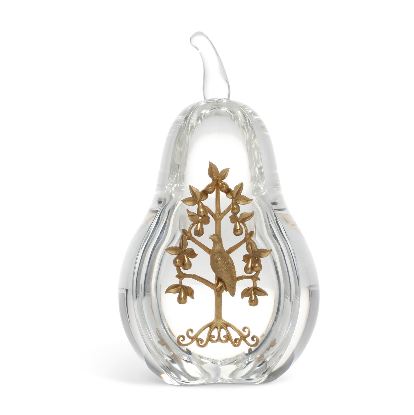 A Steuben 18K gold and glass sculpture: Partridge in a Pear Tree, designed by Lloyd Atkins, issued: A Steuben 18K gold and glass sculpture: Partridge in a Pear Treedesigned by Lloyd Atkinsissued 1970Model 1014, etched Steuben to the pear and 18K S to root of the tree, in original factory box.height