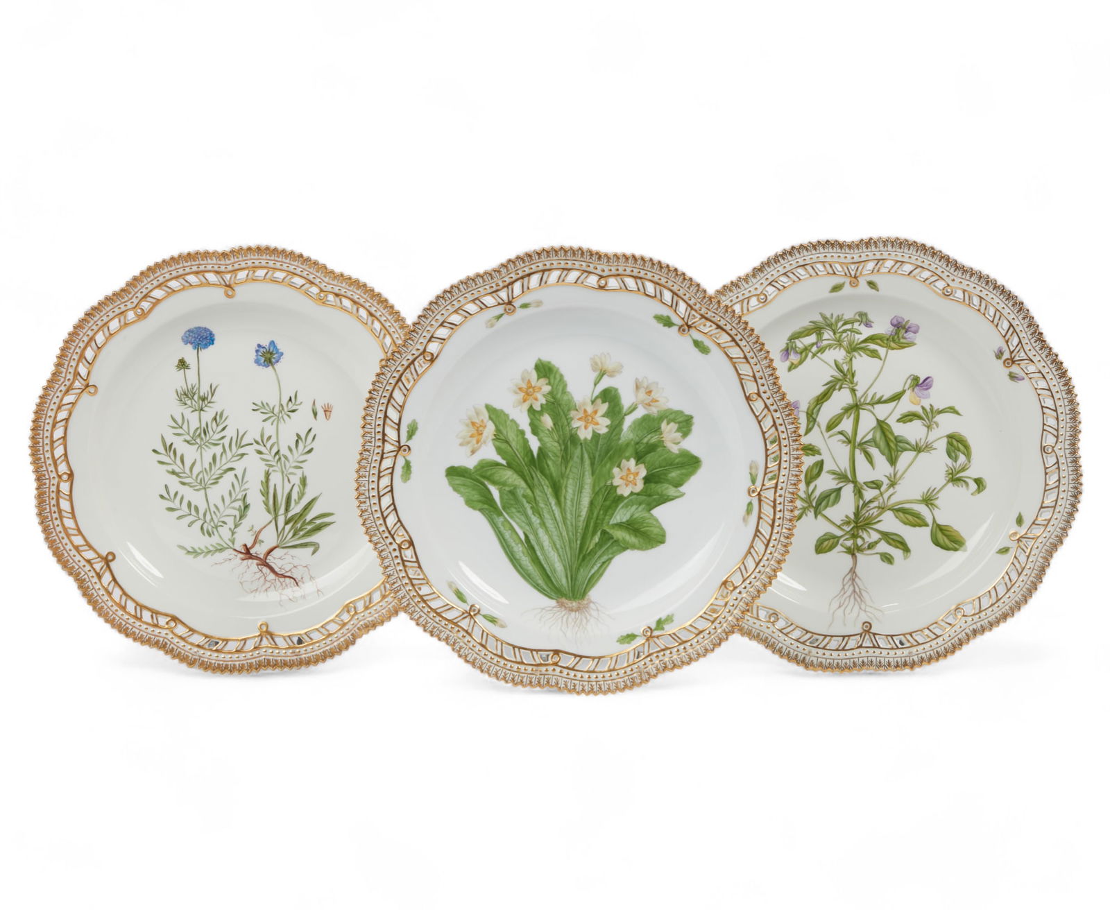 Three Royal Copenhagen porcelain Flora Danica reticulated round platters, date marks for 1937-1973 (1 of 6)