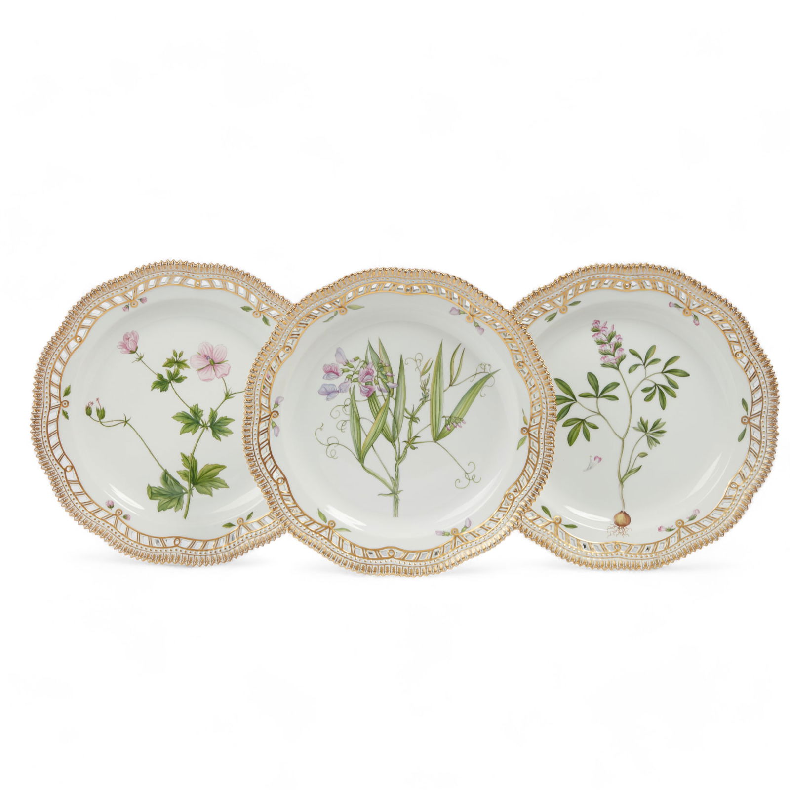 Three Royal Copenhagen porcelain Flora Danica reticulated service plates, date marks for 1959-1973 (1 of 7)