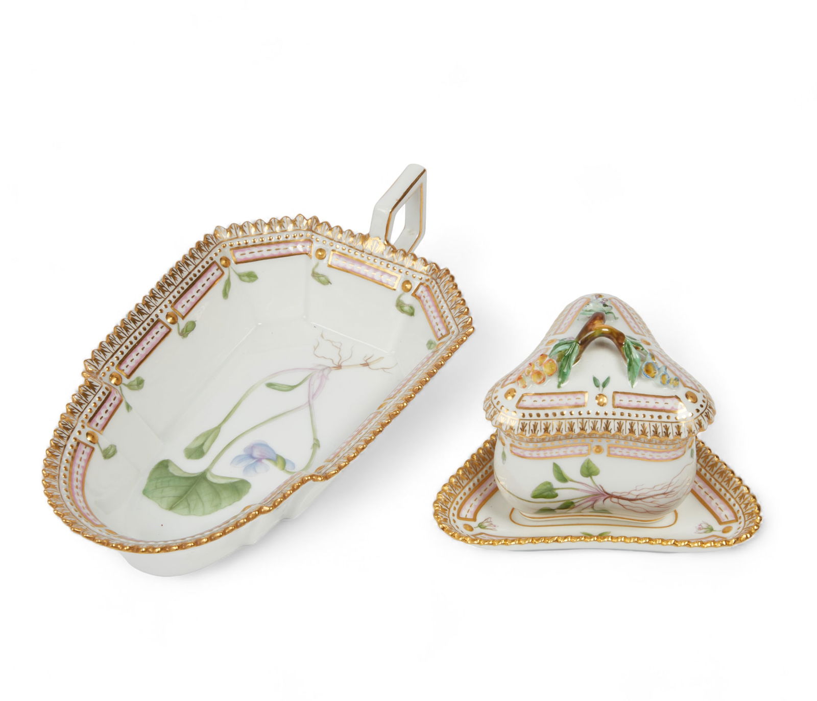 A Royal Copenhagen porcelain Flora Danica large pickle dish and covered triangular jar on stand, (1 of 5)