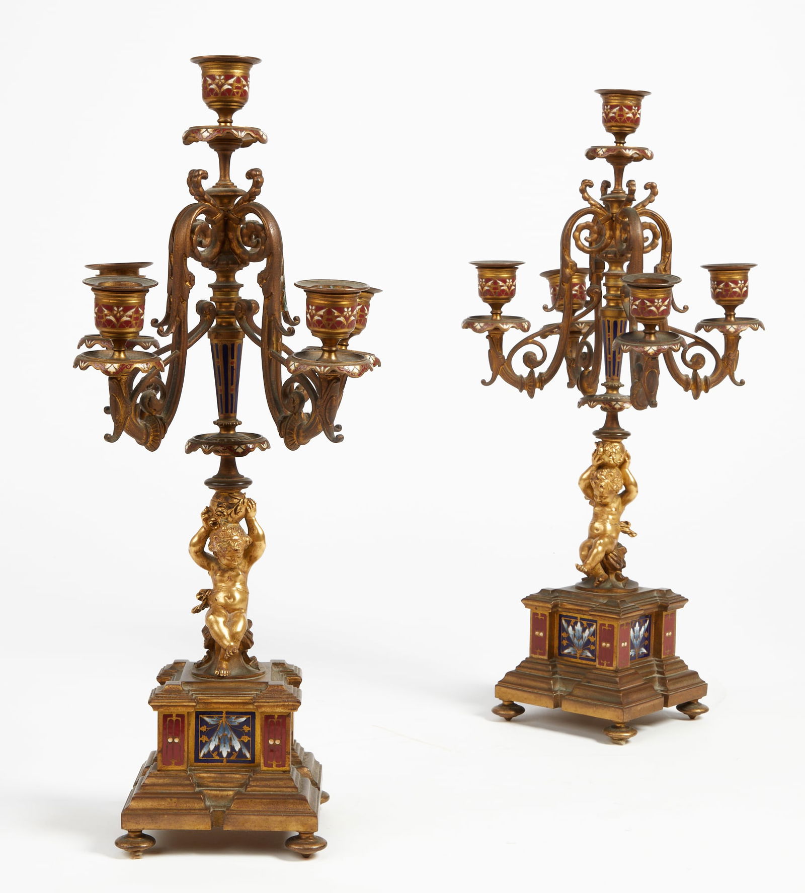 Pair of French gilt bronze and enamel candelabra (1 of 4)