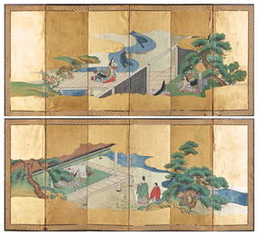 Two Japanese six-panel screens: Tale of Genji
