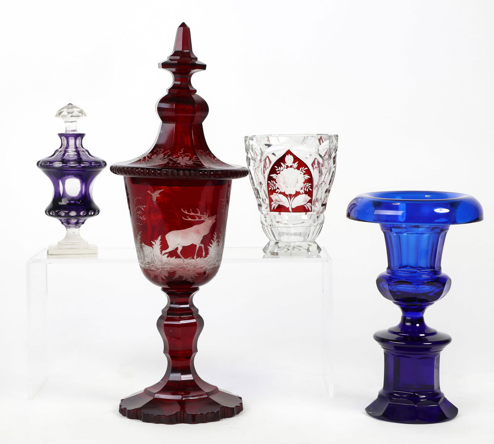 Four Bohemian colored and cut to clear glasswares (1 of 3)