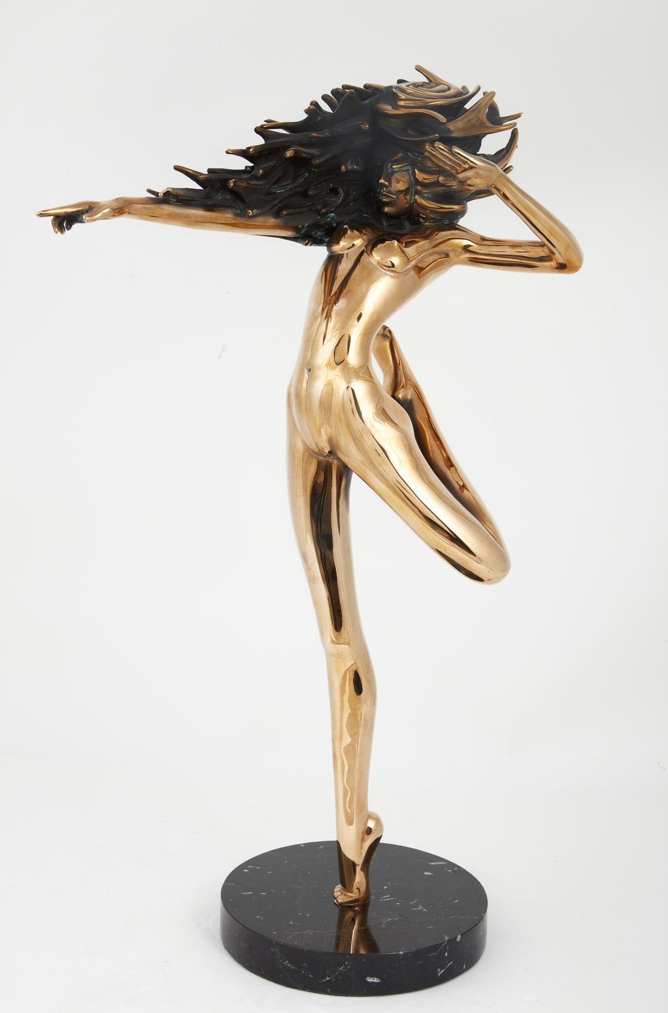 Tom Bennett, Raindancer, 1983, bronze: Tom Bennett(American, b. 1928)Raindancer, 1983polished and patinated bronzesigned Tom Bennett, dated and numbered 81/150, on black marble baseoverall 29 x 11 x 19in (74 x 28 x 48cm)