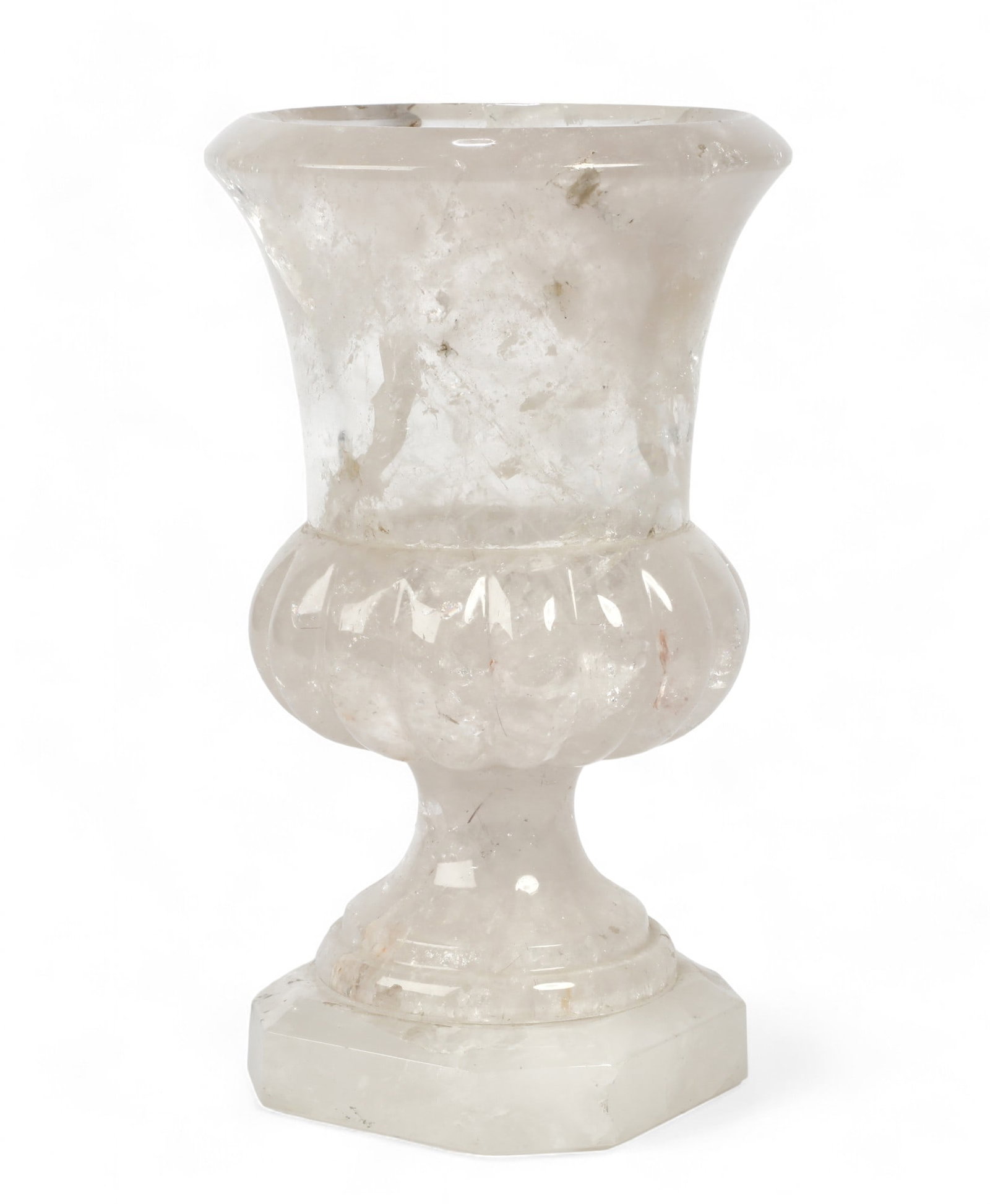 A Neoclassical style rock crystal urn: A Neoclassical style rock crystal urn height 13 1/2in (34.5cm); diameter 8in (20cm)