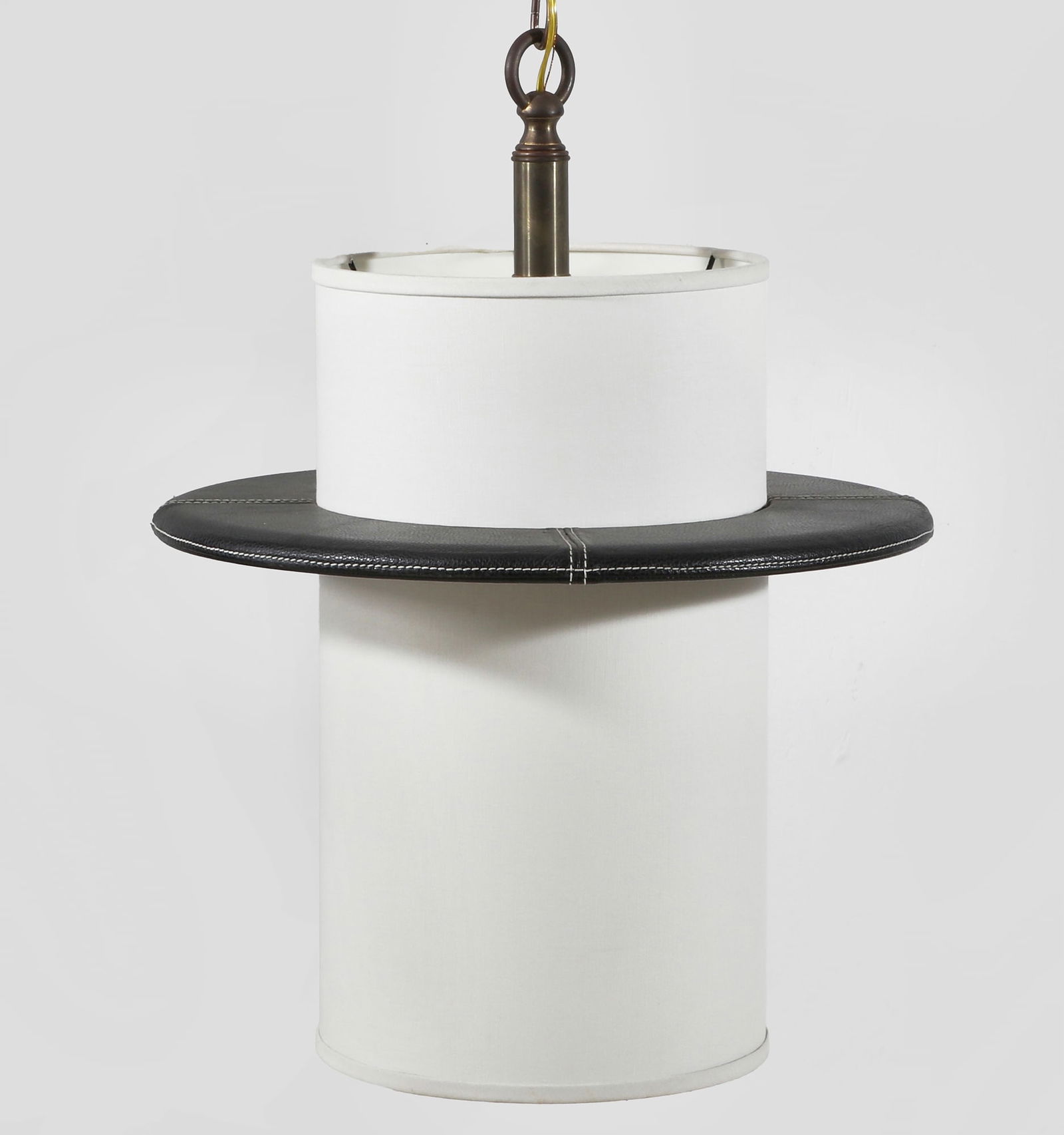 A Paul Marra leather and cream linen pendant: A Paul Marra top stitched black leather and cream linen pendantcontemporaryheight 25 1/2in (65cm); diameter 20in (51cm)