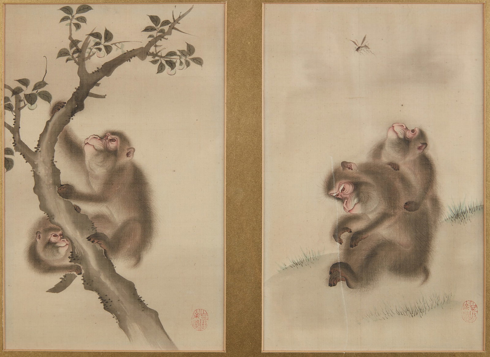 Two Japanese paintings on silk of Macaque monkeys: Two Japanese paintings on silk of Macaque monkeys Each with seal lower right, framed together. each 11 x 7in (28 x 18cm)