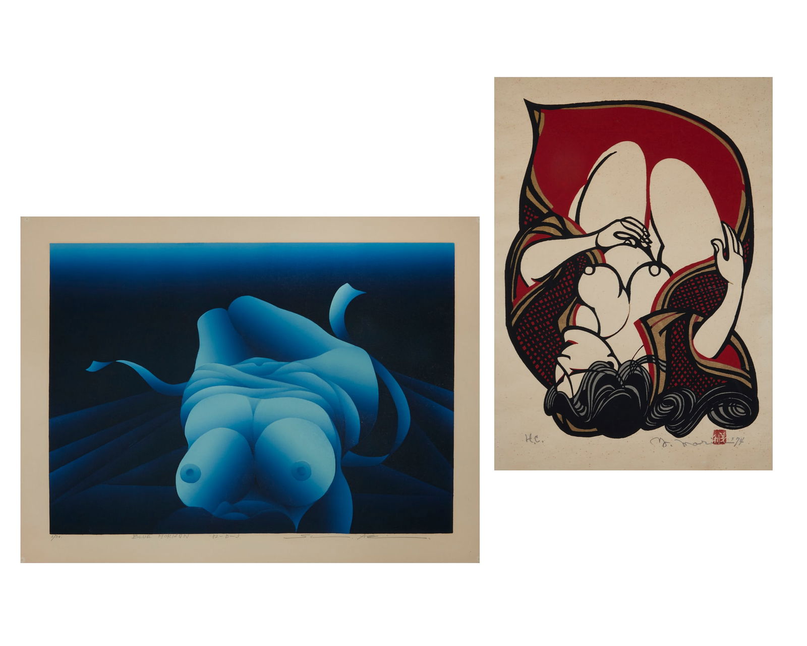 Two reclining nudes: Two reclining nudeslot includes two prints by unidentified artists: 1. a three color Japanese screen print on cream wove paper of a reclining nude, dated 1972 and signed to lower right margin with sta