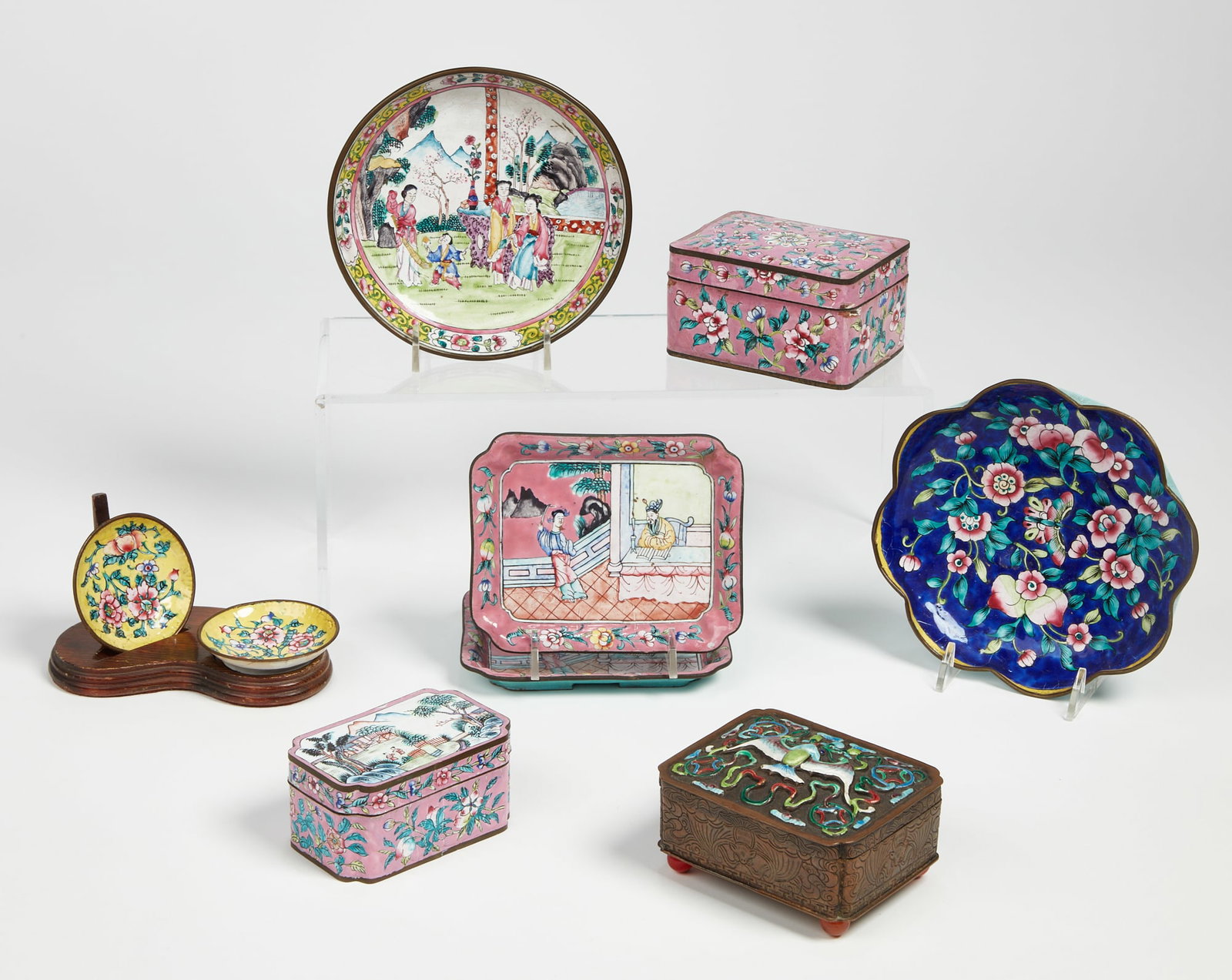A group of Canton polychrome enamel metalware articles: A group of nine Canton polychrome enamel metalware articles largest diameter 6 1/4in (16cm)