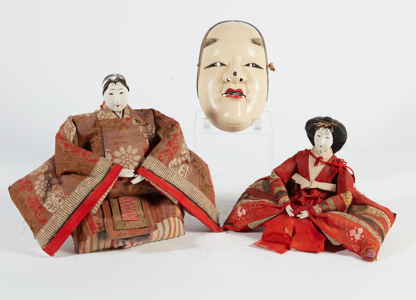 Two Japanese dolls and a mask: Two Japanese dolls and a mask The mask with drawstring pouch. tallest height 12 1/2in (32cm)