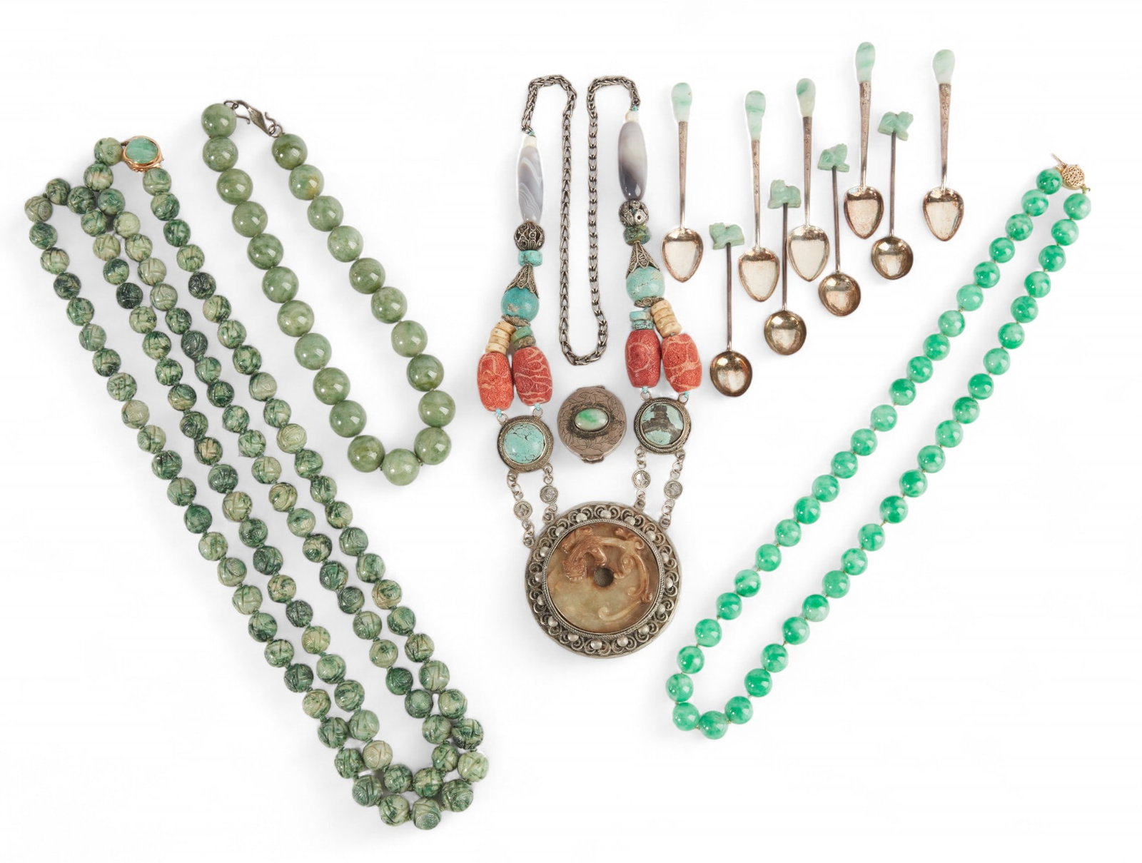 Four Chinese hardstone bead necklaces: Four Chinese hardstone bead necklacesTogether with nine demitasse spoons and a pill box. (14)longest necklace 60in (152cm)