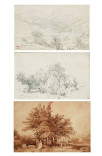 Alexandre Calame, Landscape: Alexandre Calame(Swiss, 1810-1864)Landscape (3)graphite, wash, sepia on papertwo smaller signed lower left A Calame with further inscriptions and variously dated also with red estate stamps, sepia sig