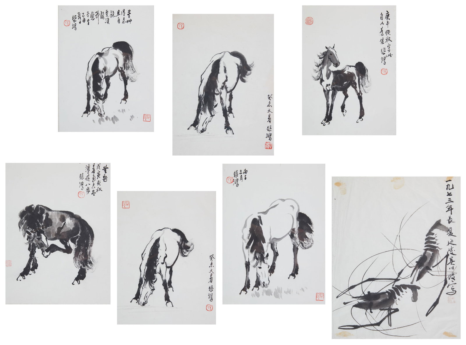 A group of Chinese ink paintings: A group of Chinese ink paintings on paper in the style of Xu Beihong and Qi BaishiDepicting horses and a lobster.largest 17 3/4 x 13 1/2in (45 x 34cm)