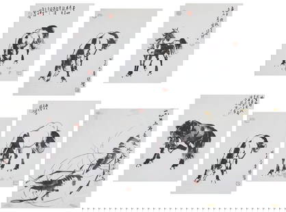 A group of Chinese ink paintings: A group of Chinese ink paintings on paper in the style of Xu Beihong and Qi BaishiDepicting horses and a lobster.largest 17 3/4 x 13 1/2in (45 x 34cm)