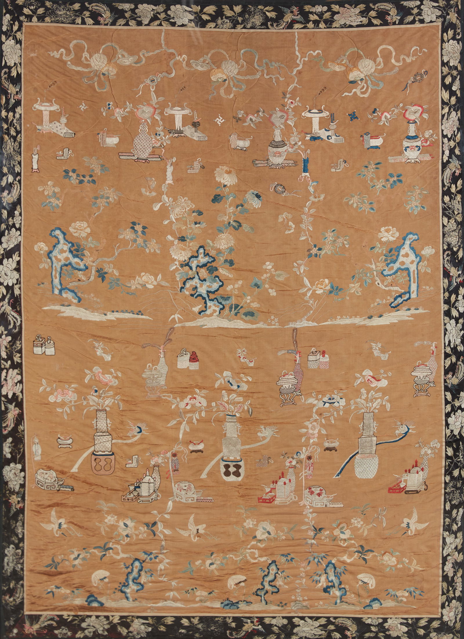 A Chinese embroidered silk panel: A Chinese embroidered silk panelframed 67 x 49 1/2in (170 x 126cm)
