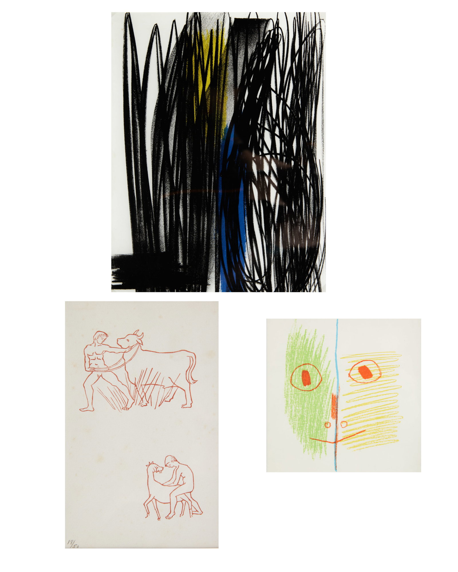 Pablo Picasso, Aritside Maillol, and Hans Hartung: Pablo Picasso, Aritside Maillol, and Hans Hartung; three printslot consists of three prints: 1. Pablo Picasso (1881-1973) Picasso Peintures. cover lithograph in colors, printed by Mourlot 1957 in an e