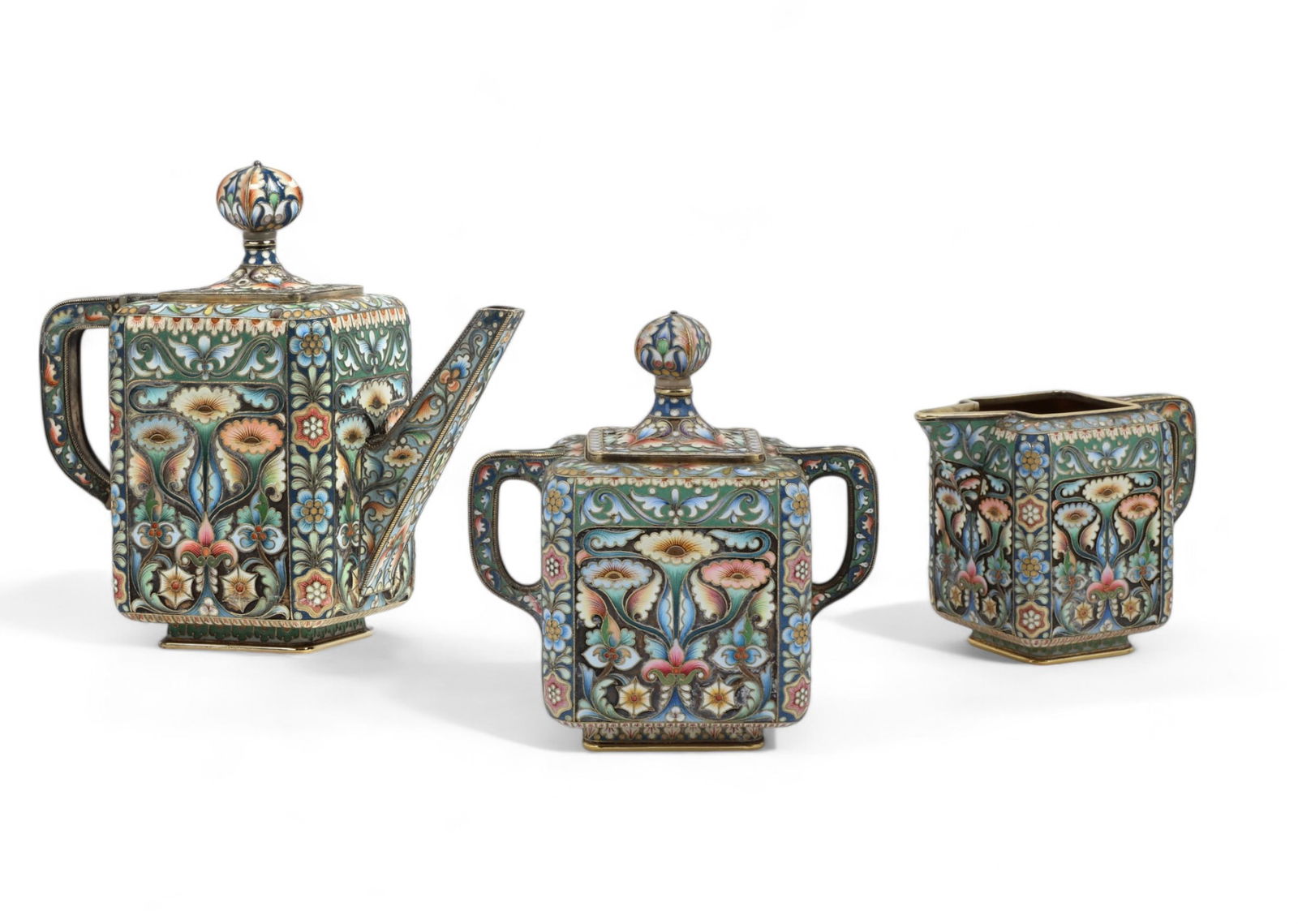 A Russian 84 standard silver and enamel tea set (1 of 9)