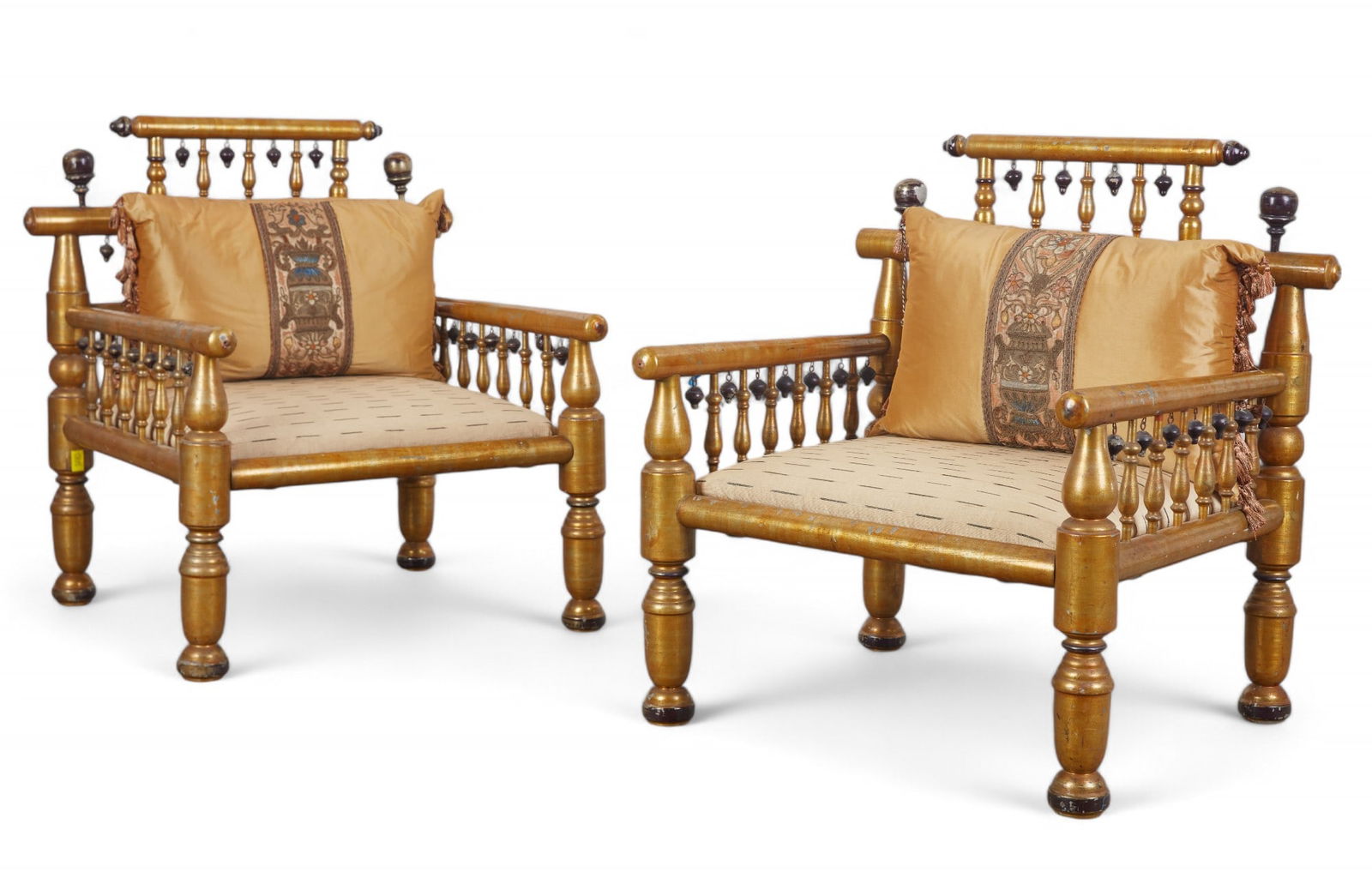 Two Indian parcel ebonized giltwood Pidha chairs (1 of 7)