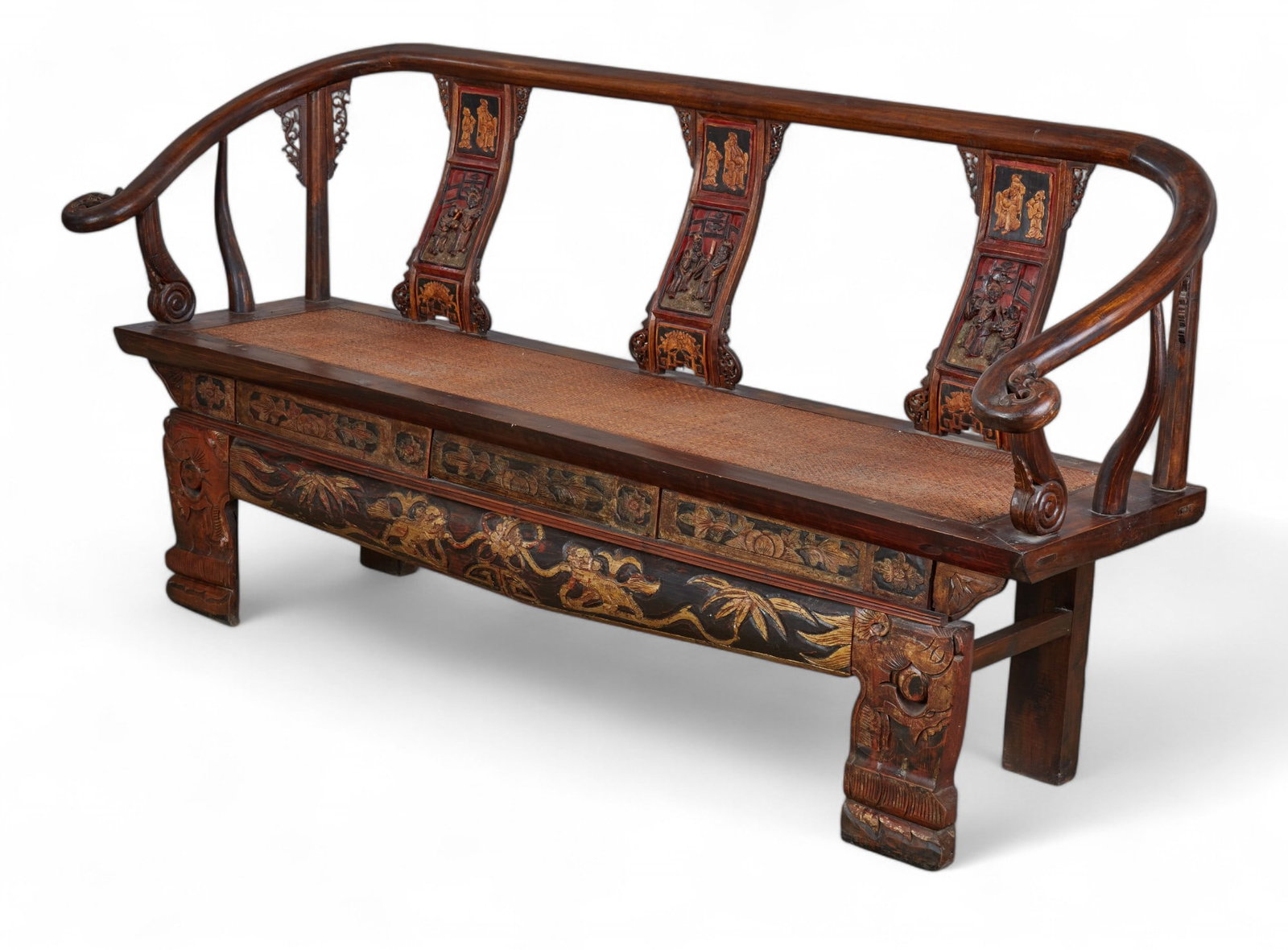 A Chinese painted and parcel gilt hardwood bench: A Chinese painted and parcel gilt hardwood bench height 40in (100cm); width 77 1/4in (193cm); depth of seat 17 1/4in (43cm)