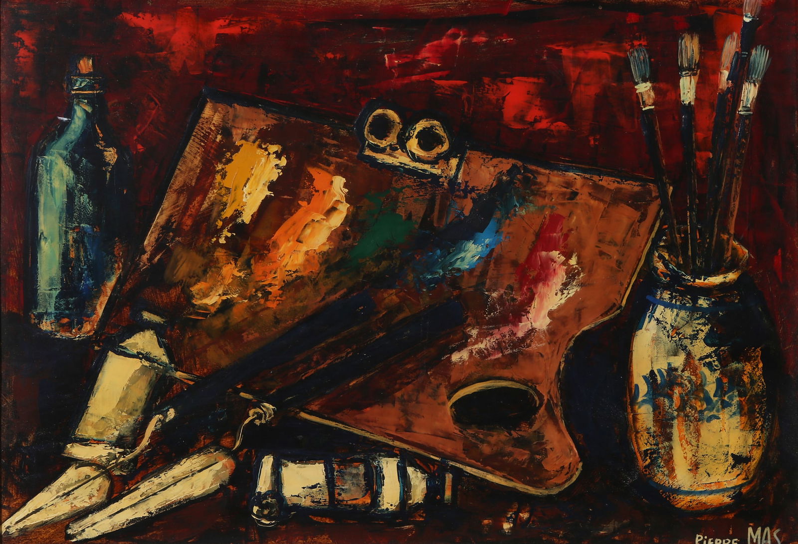 Pierre Mas, Still life of a painter's table: Pierre Mas(French, b.1933)Still life of a painter's tableoil on panelsigned lower right Pierre MAS14 1/2 x 21in (36 x 52.5cm)