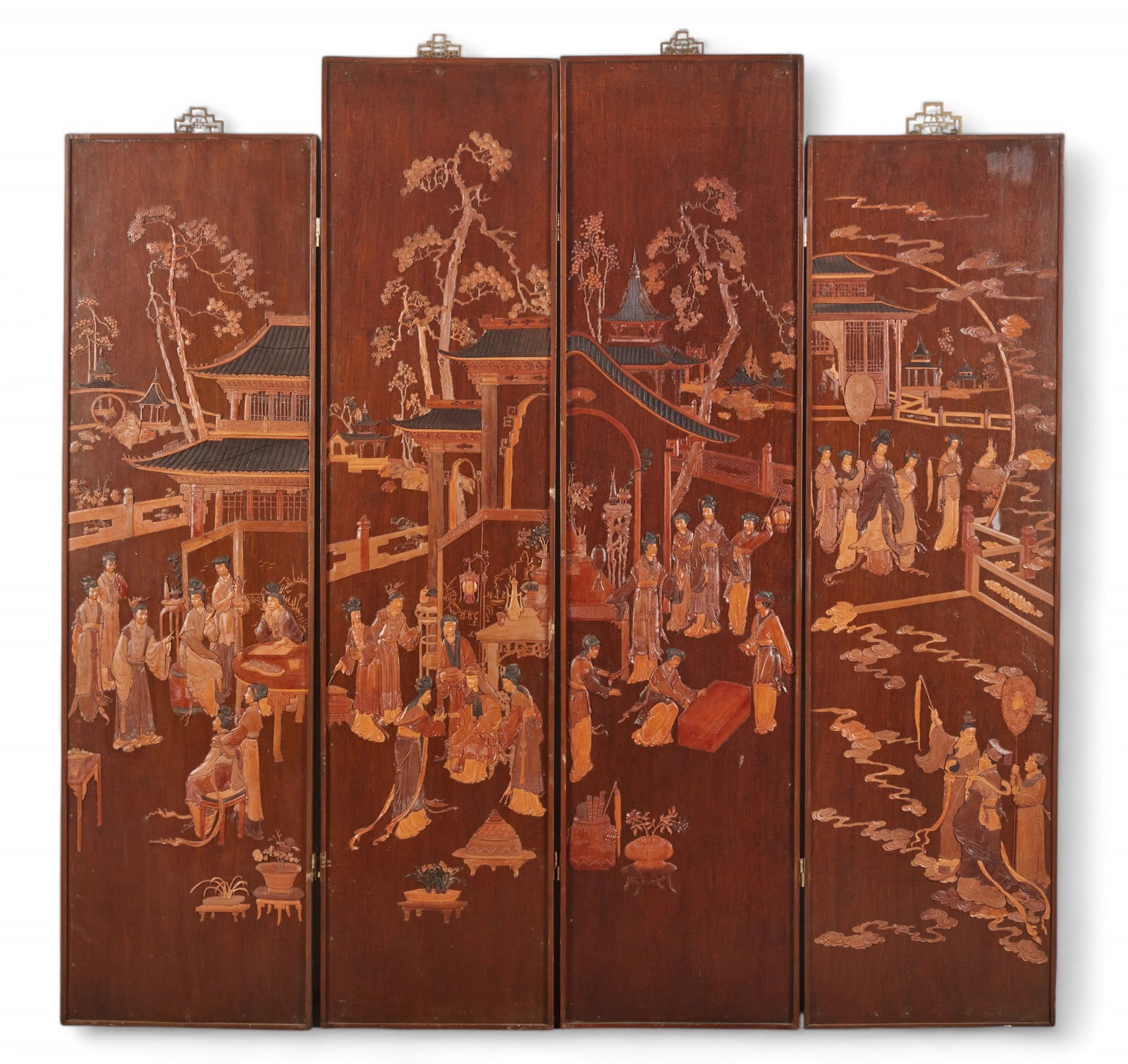 A Chinese mixed wood four panel floor screen (1 of 7)