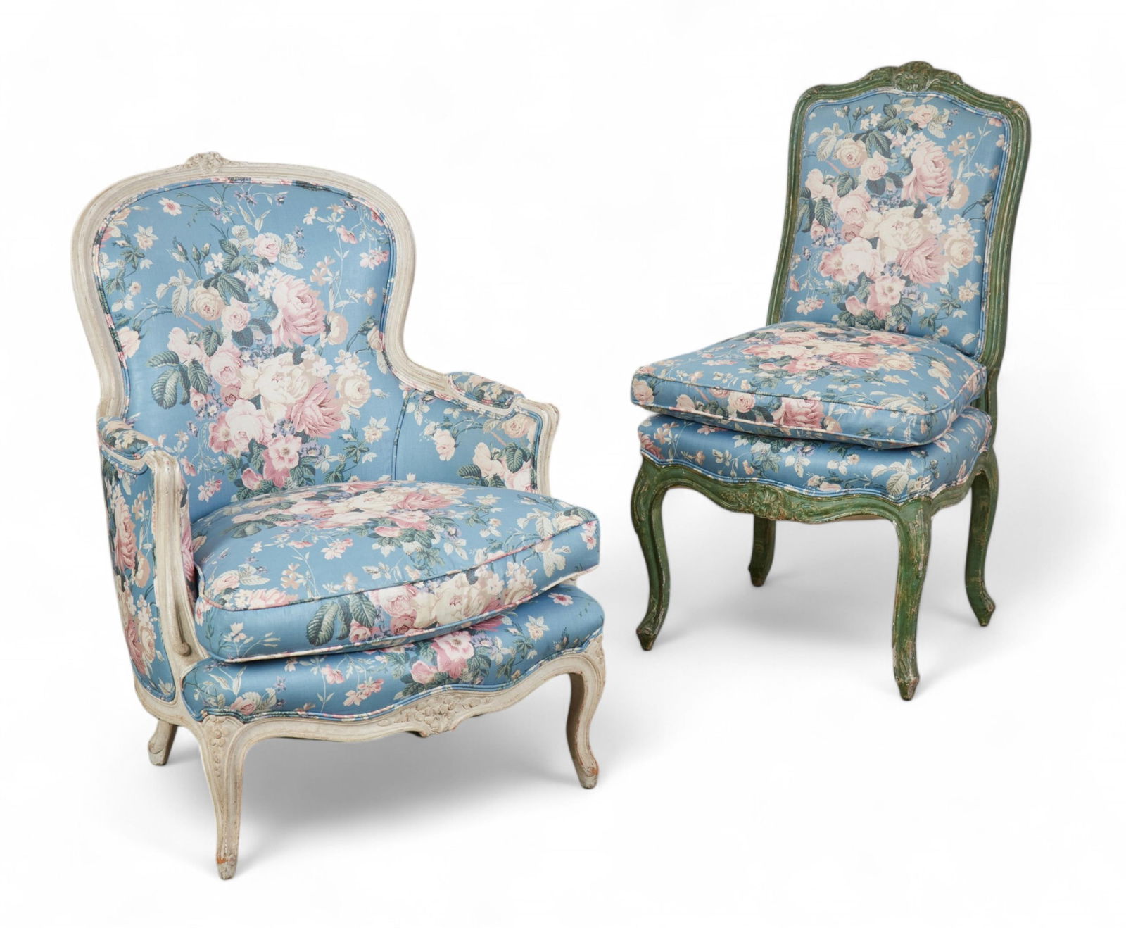 Four Louis XV style painted chairs, post 1950: Four Louis XV style painted chairspost 1950Comprising a pair of chaises and a pair of bergeres.bergeres height 37in (94cm); width 27in (69cm); depth of seat 20 1/2in (52cm)