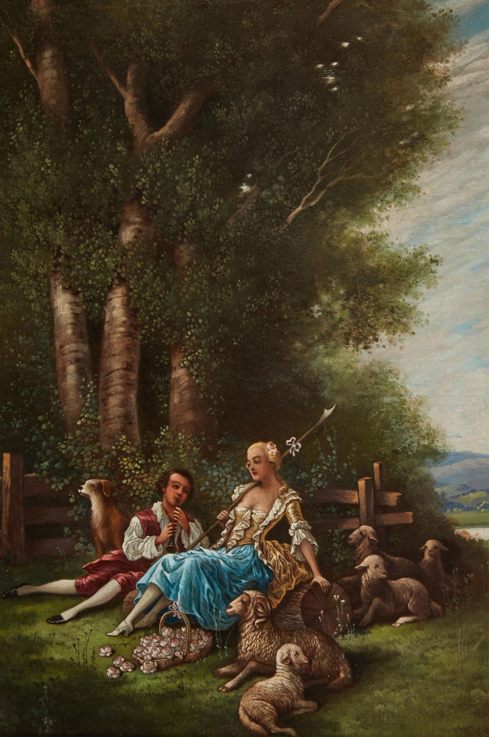 Continental School, Shepherd and shepherdess: Continental School(20th century)Shepherd and shepherdess in wooded landscapeoil on canvassigned lower right Santho senior and dated24 x 20in (60 x 50cm) Provenance:The estat